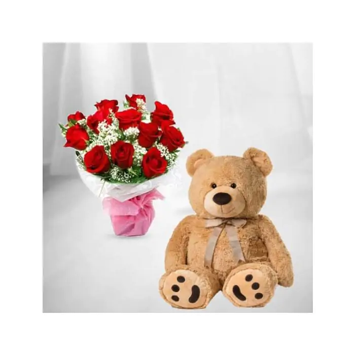 Flower and Teddy Bear online delivery l Red rose with 8 inch teddy bear