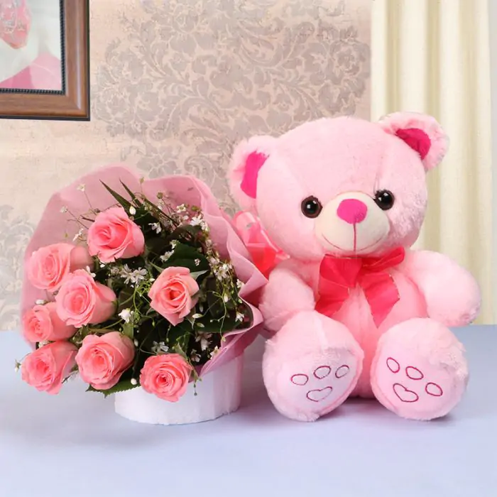 Order pink roses with a pink teddy online l Send pink rose pink teddy to India