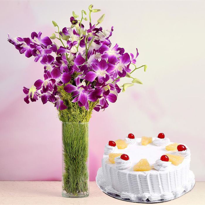 Online Cake and Flower delivery l Lavender Orchids with Pineapple cake