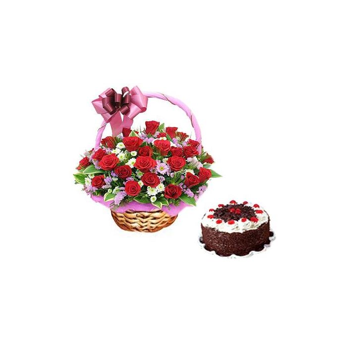 Red Roses Basket Online Flower & Cake Delivery Order Black Forest Cake