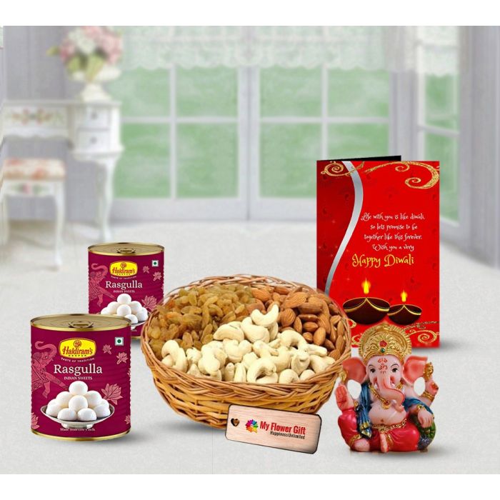 Rasgulla, Dry fruit basket , Ganesha idol with Diwali greeting card