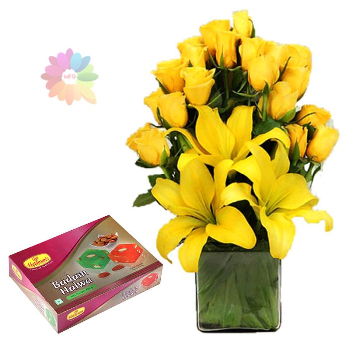 Buy/send yellow lilies &roses combo&1/2badam halwa sweets onlineMy