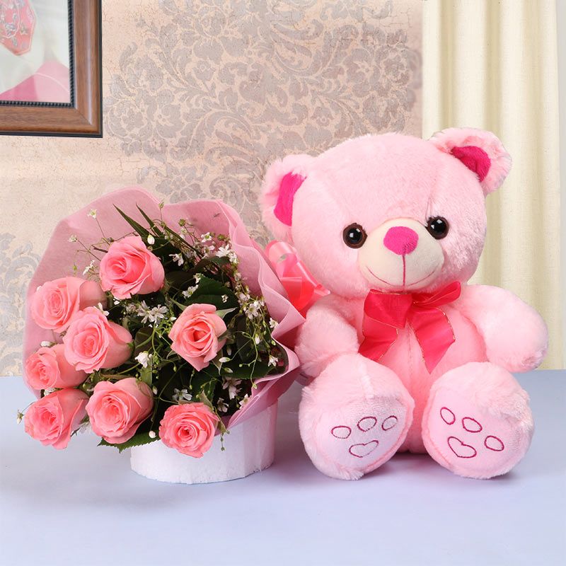 Order pink roses with a pink teddy online l Send pink rose pink teddy to India